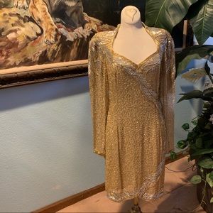 Oleg Cassini Gold Long Sleeve Sequin Dress